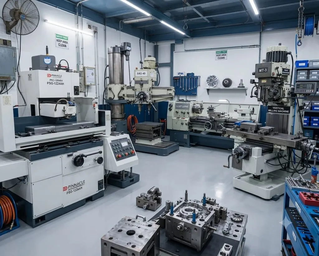 In-house tool room with grinding, milling and lathe machines and moulds