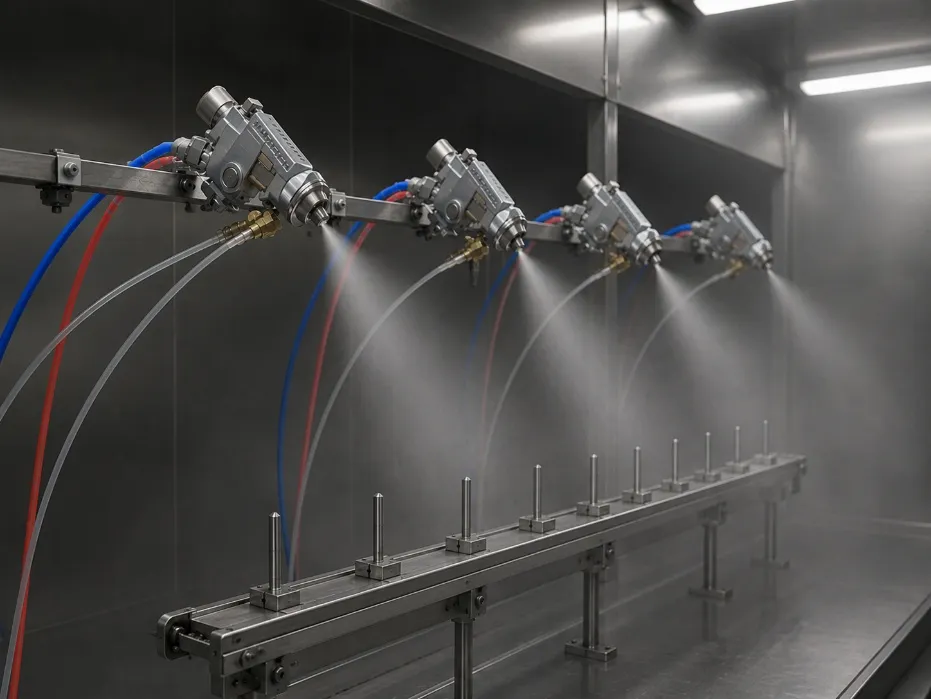 Automated PU painting facility — spray guns over conveyor