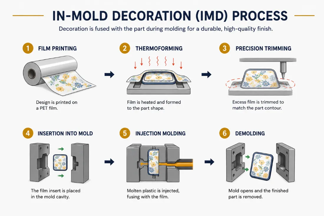 In-Mould Decoration (IMD) six-step process diagram