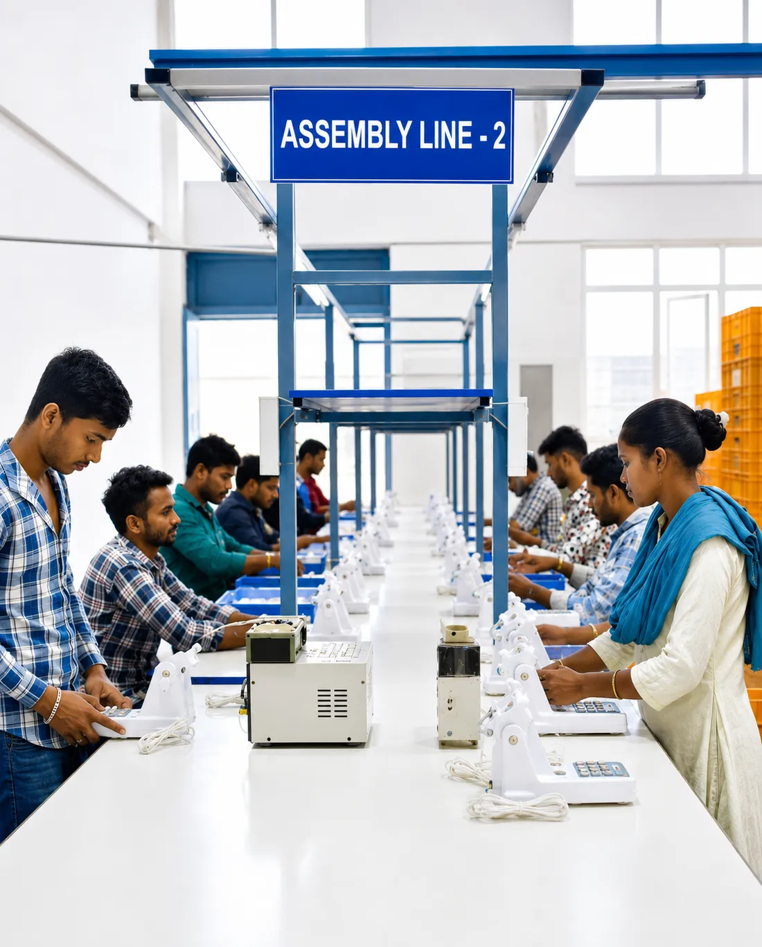Finished goods assembly line with workers