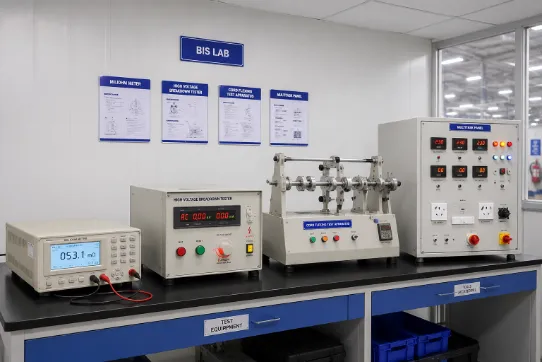 BIS-approved quality lab with high-voltage breakdown tester, multi-function panel, and test equipment