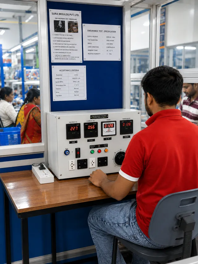 Technician monitoring a fan endurance test panel in the quality laboratory